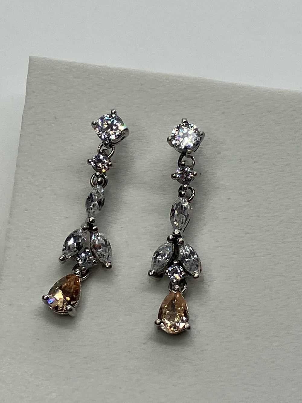 925 Peach Teardrop Clear CZ Articulated Sterling Silver Dangle Earrings